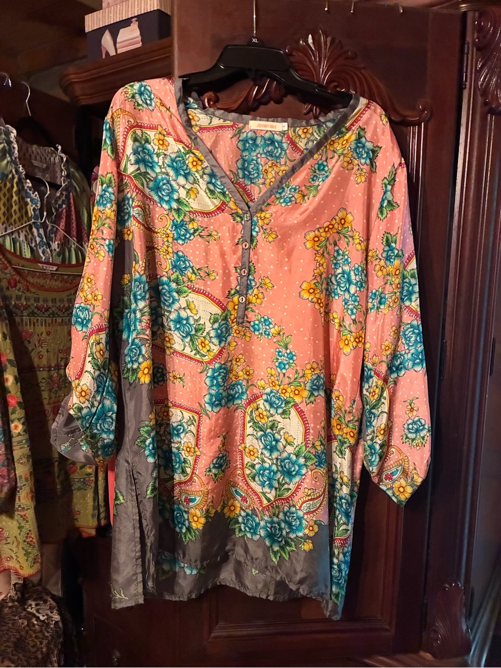 Johnny Was Silk Floral Blouse in Gray, Pink, Yellow and Green